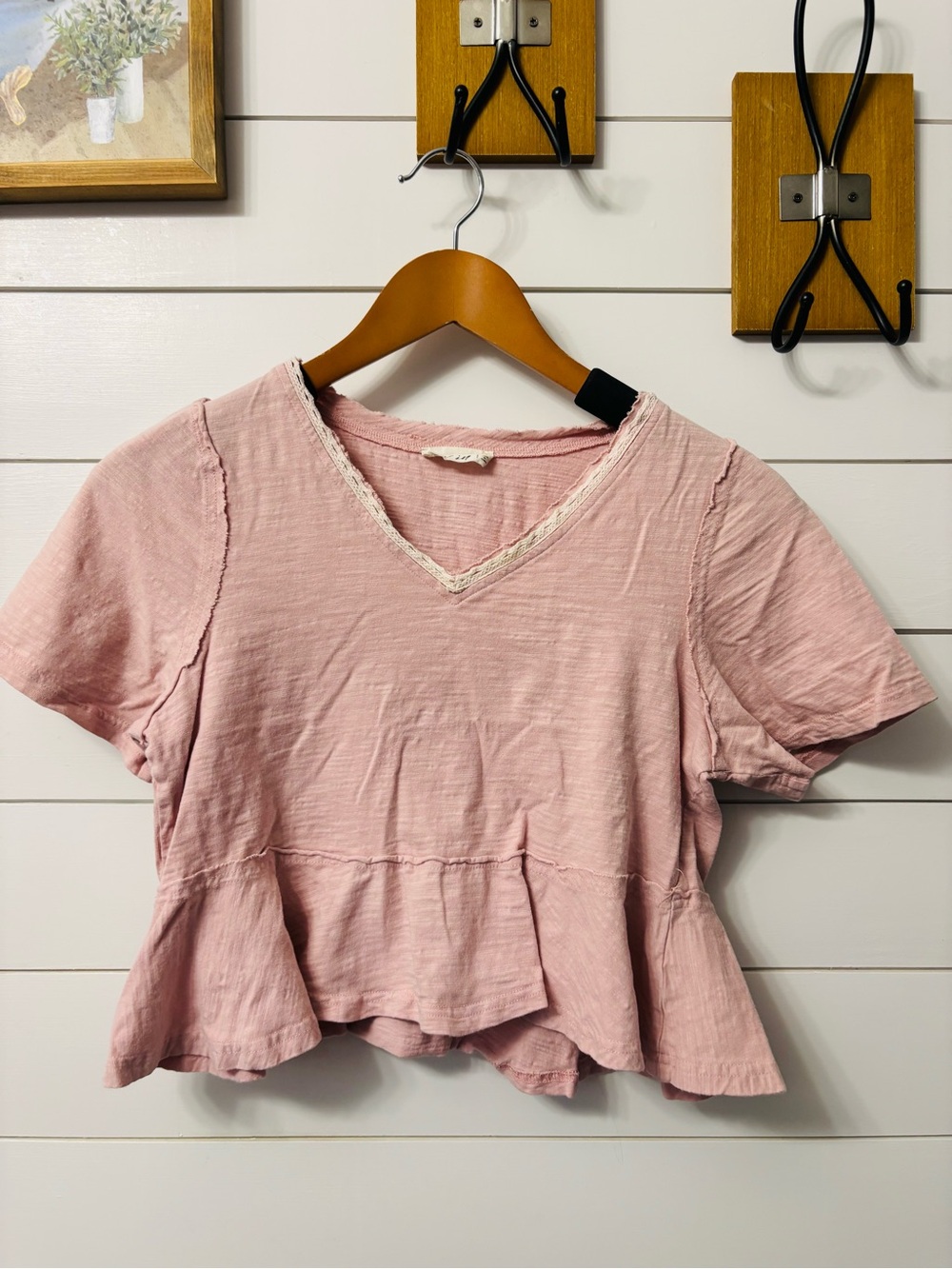 Women's Pink V-Neck Peplum Short Sleeve Top